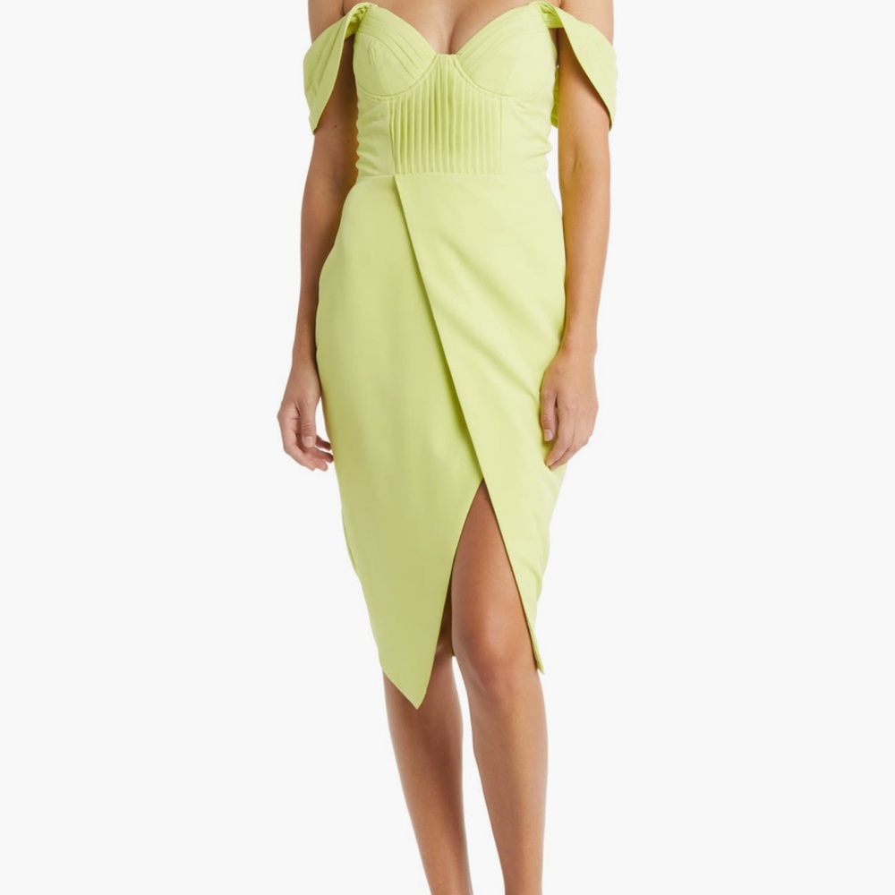 Lavish Alice Off the Shoulder Pleated Faux Wrap Dress